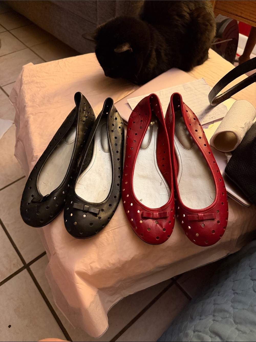 Two Pair-LOFT Perforated Ballet Flats in Black and Red